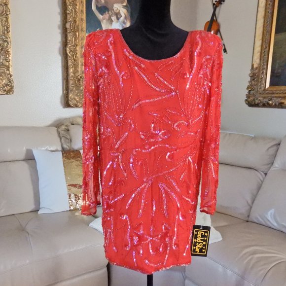 100% SILK SEQUIN BEADED BOHO COCKTAIL PARTY TOP M - Picture 11 of 14